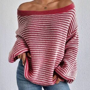 Striped Off-Shoulder Sweater - Red and White